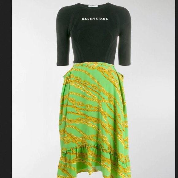 NWT sz 8 Balenciaga Green flare Chain print dress - Picture 2 of 12